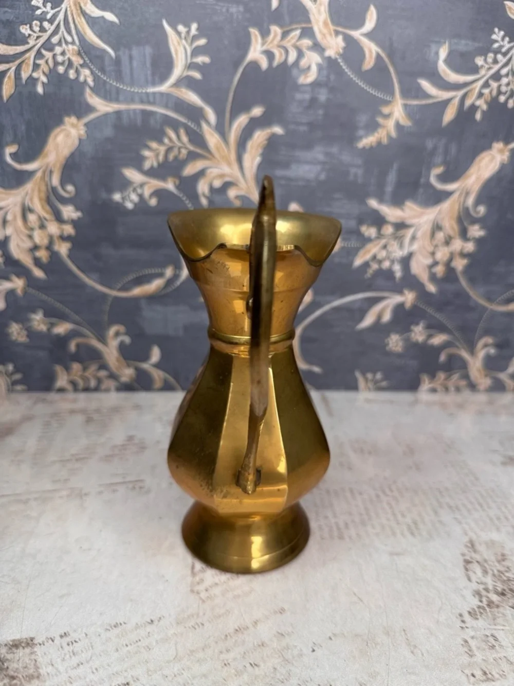 Vintage Solid Brass Pitcher Vase India Etched Handle Small Ewer